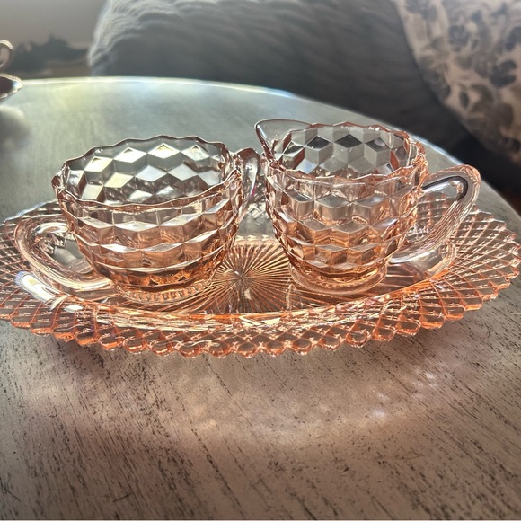 Pink Depression Glass Sugar and Creamer with Saucer Set Jeanette Diamond Cubist - Picture 3 of 3